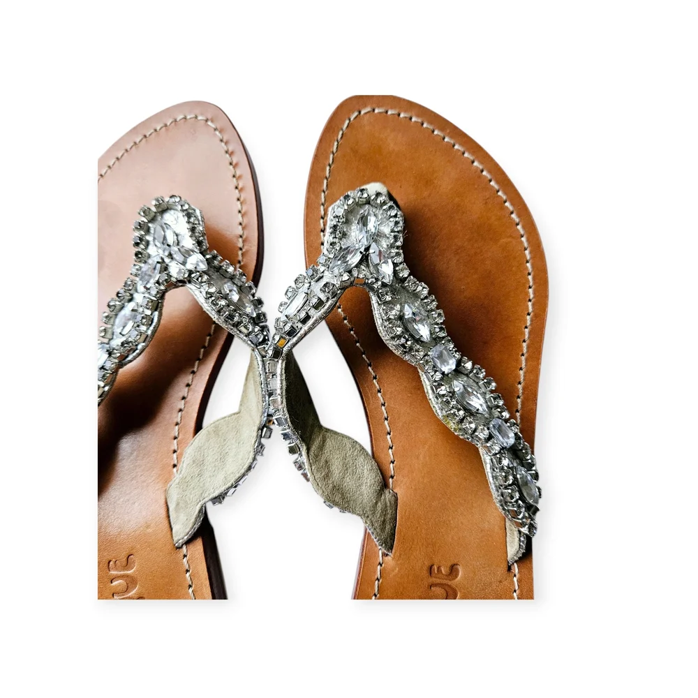 Mystique Boutique Rhinestone Beaded Leather Flip Flop Sandals Size 6 - Picture 2 of 9